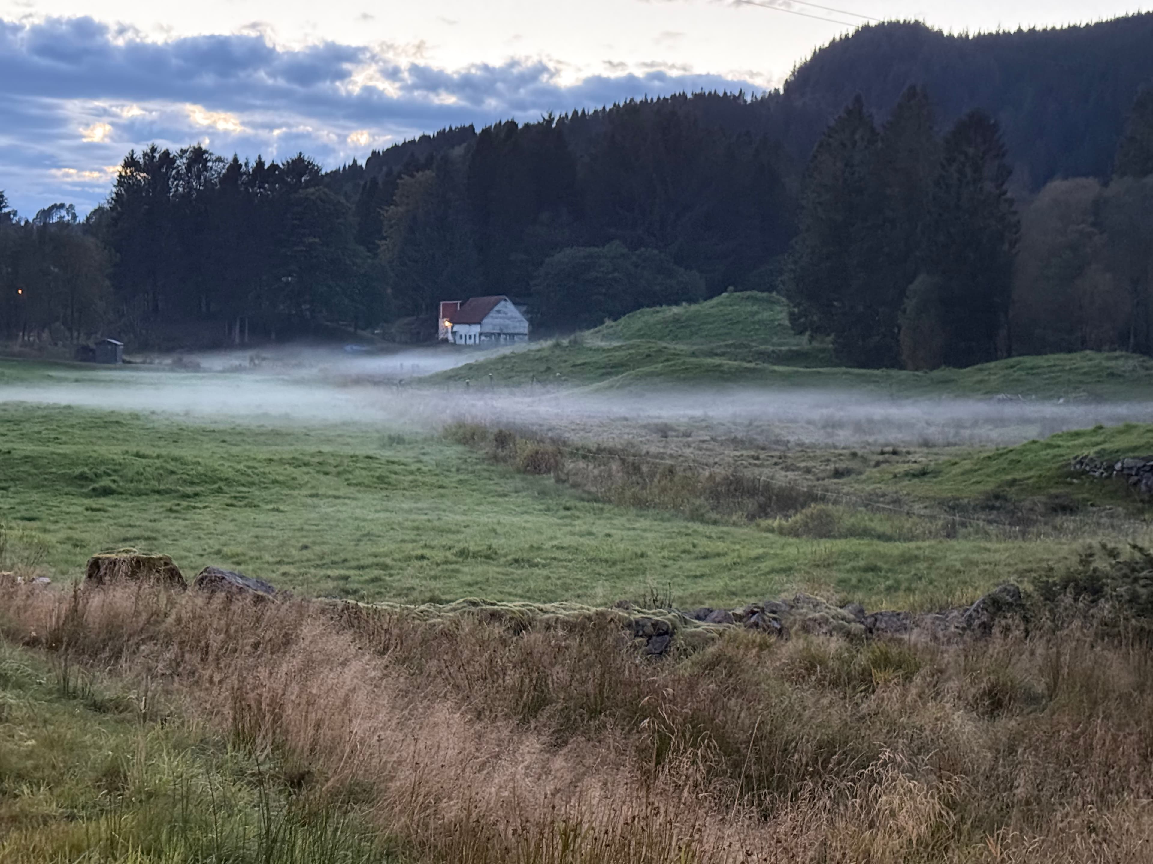 A quiet farm resting in mist beneath forested hills
